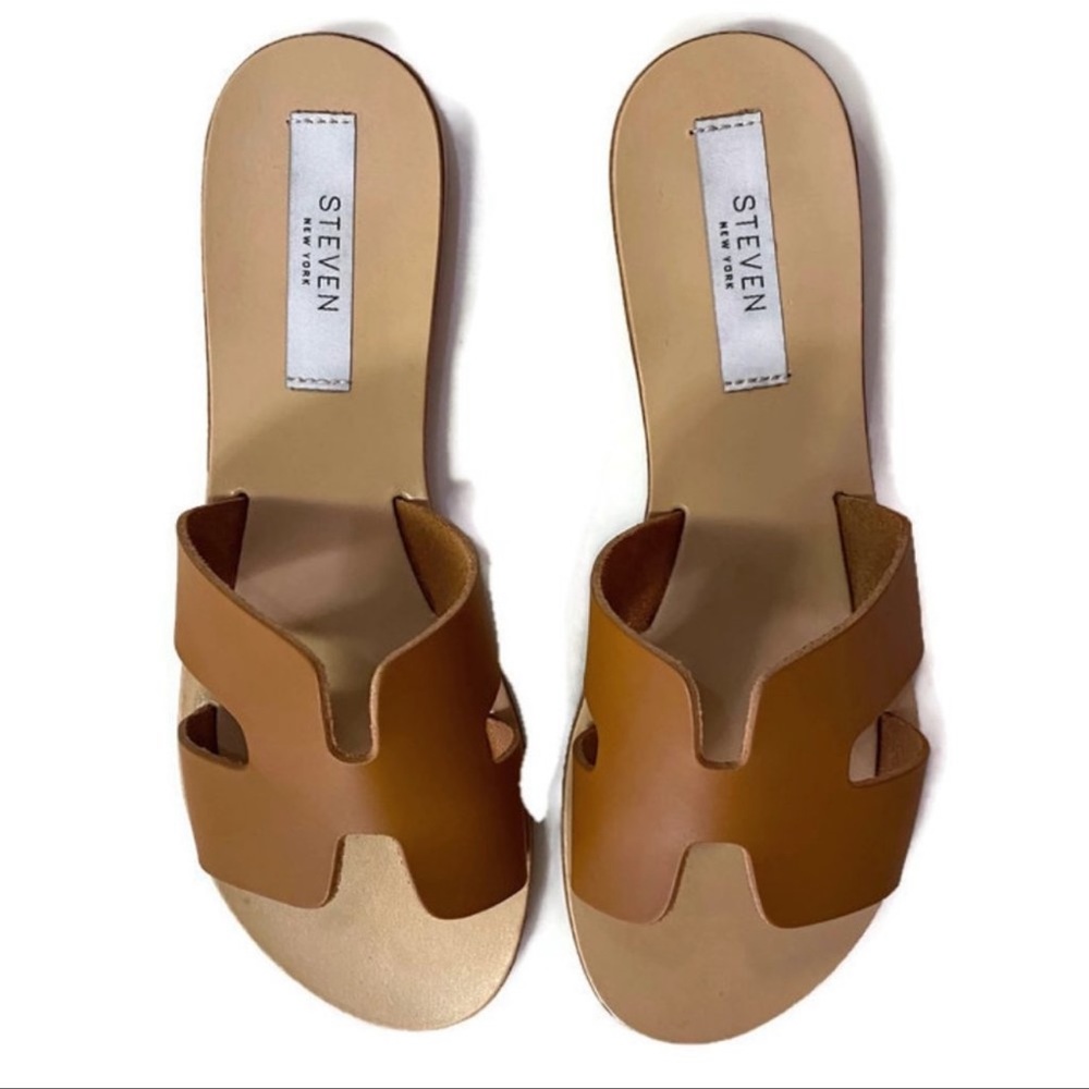 Steve Madden Tan Leather Cutout Flat Greece Slides